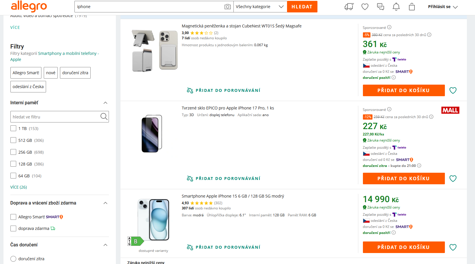 Example search results from Allegro.cz