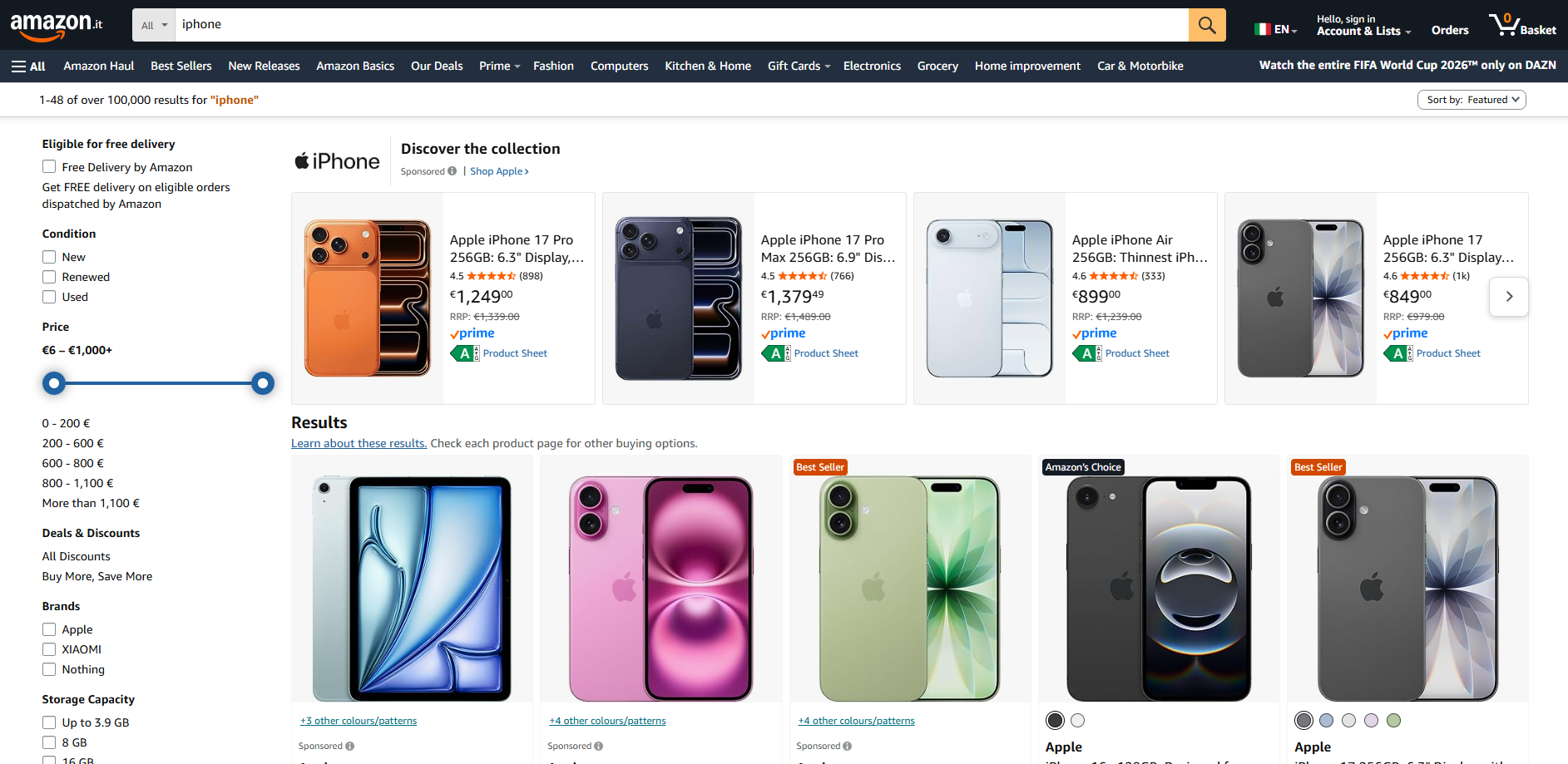 Example search results from Amazon.it