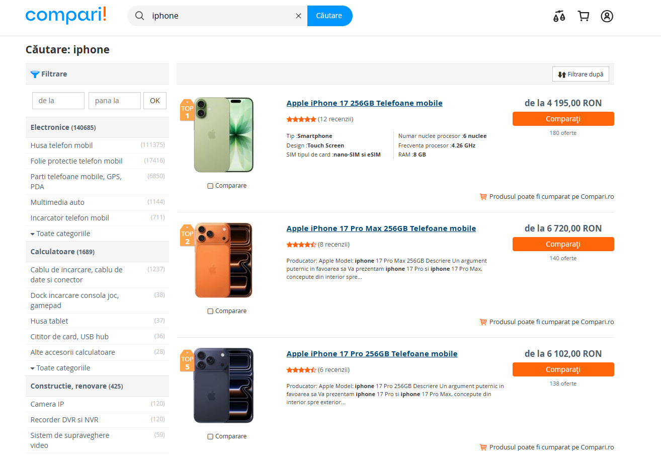 Example search results from Compari.ro