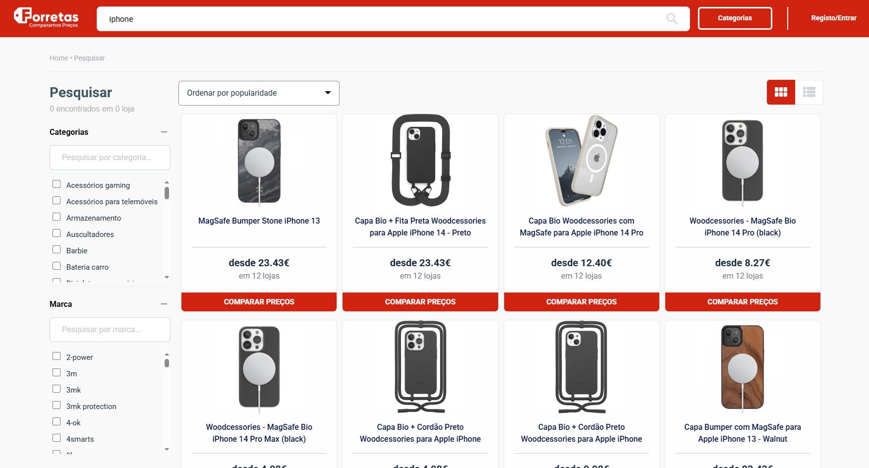 Example search results from Forretas