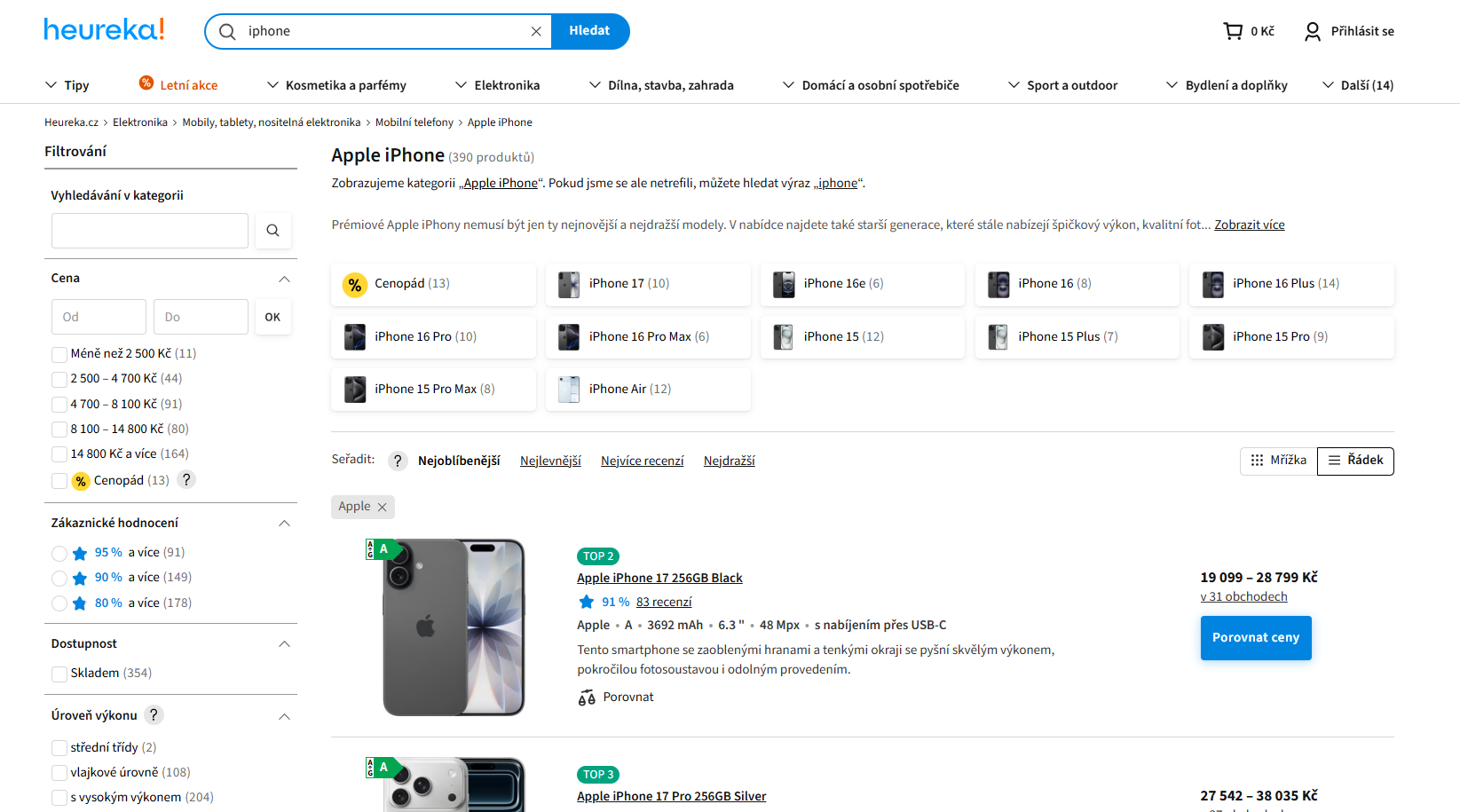 Example search results from Heureka.cz