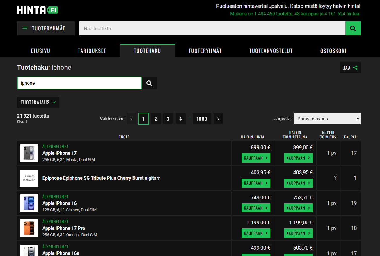 Example search results from Hinta.fi