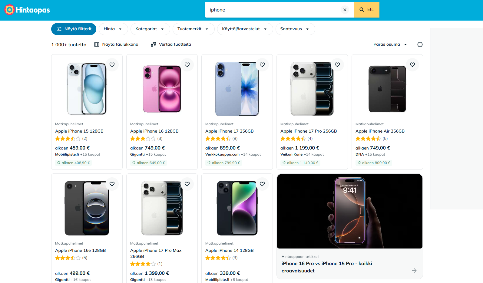 Example search results from Hintaopas.fi