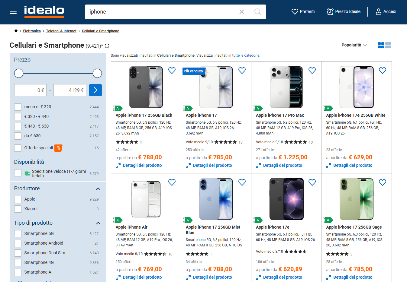 Example search results from idealo.it