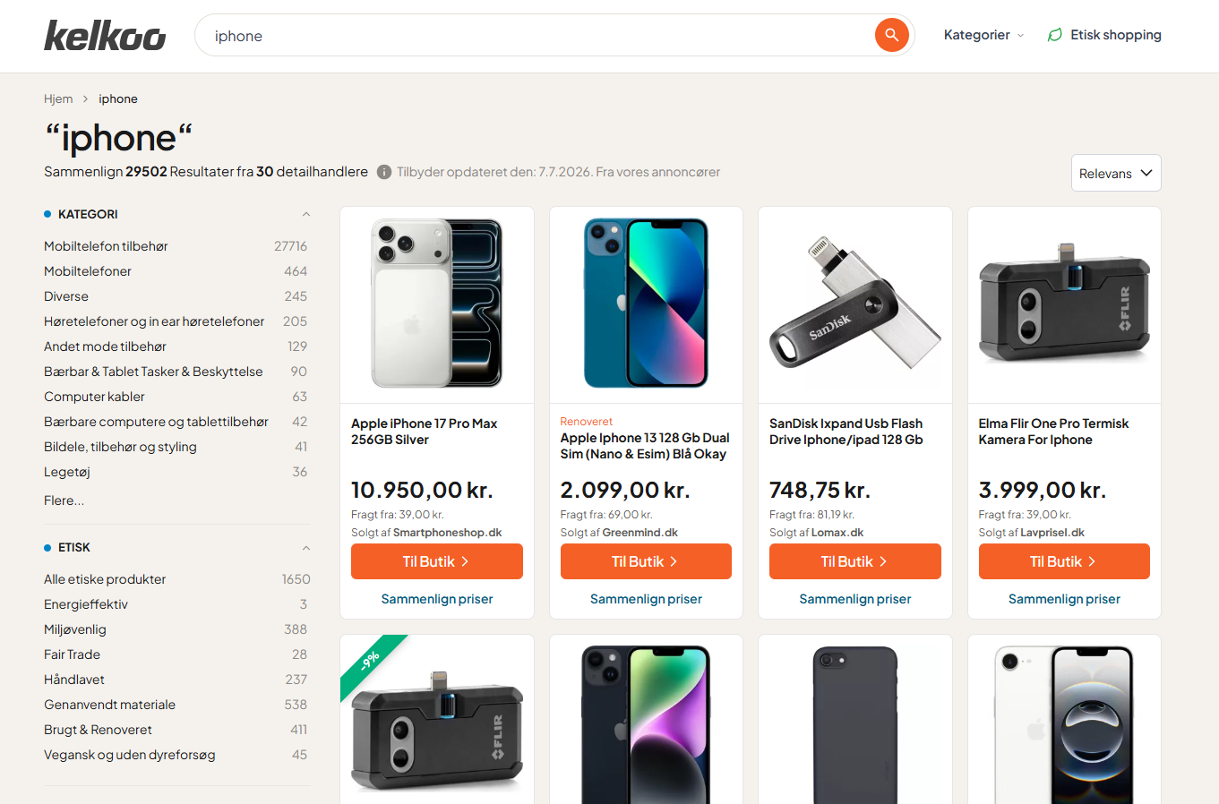 Example search results from Kelkoo.dk
