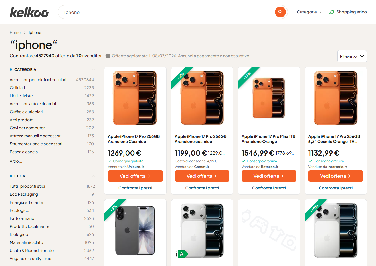 Example search results from Kelkoo.it