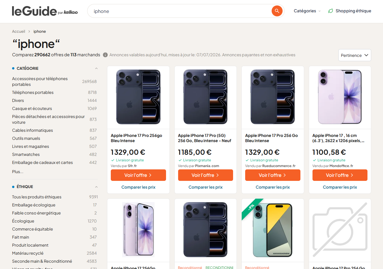 Example search results from LeGuide.com