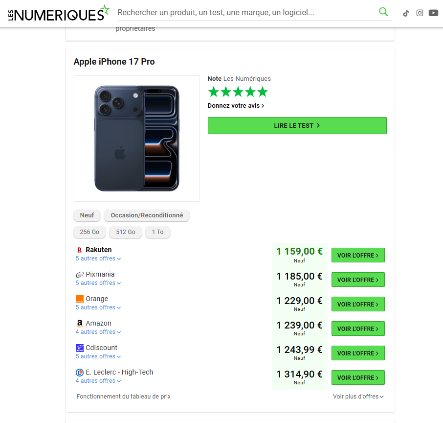 Example search results from Les Numériques