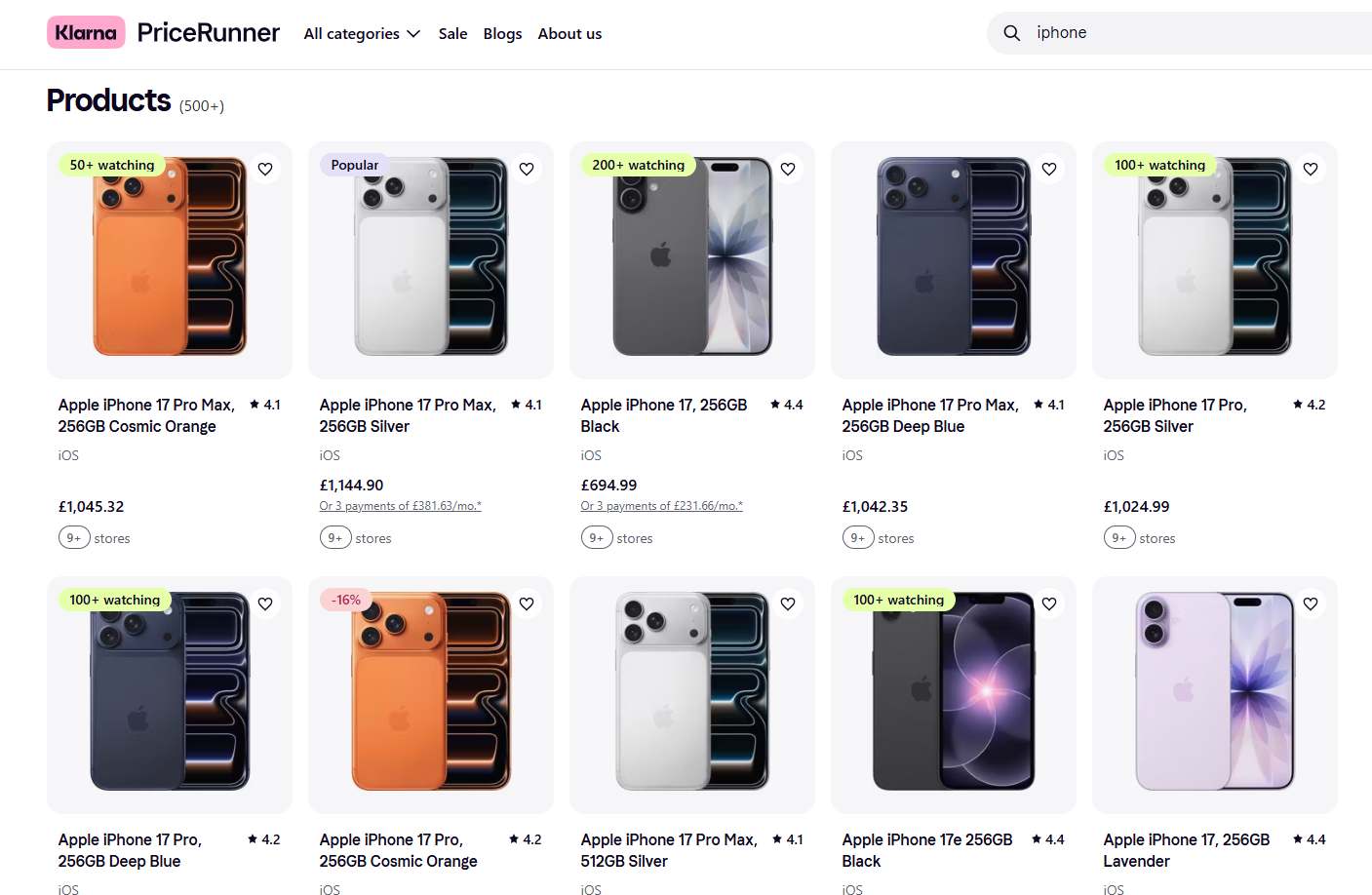Example search results from PriceRunner
