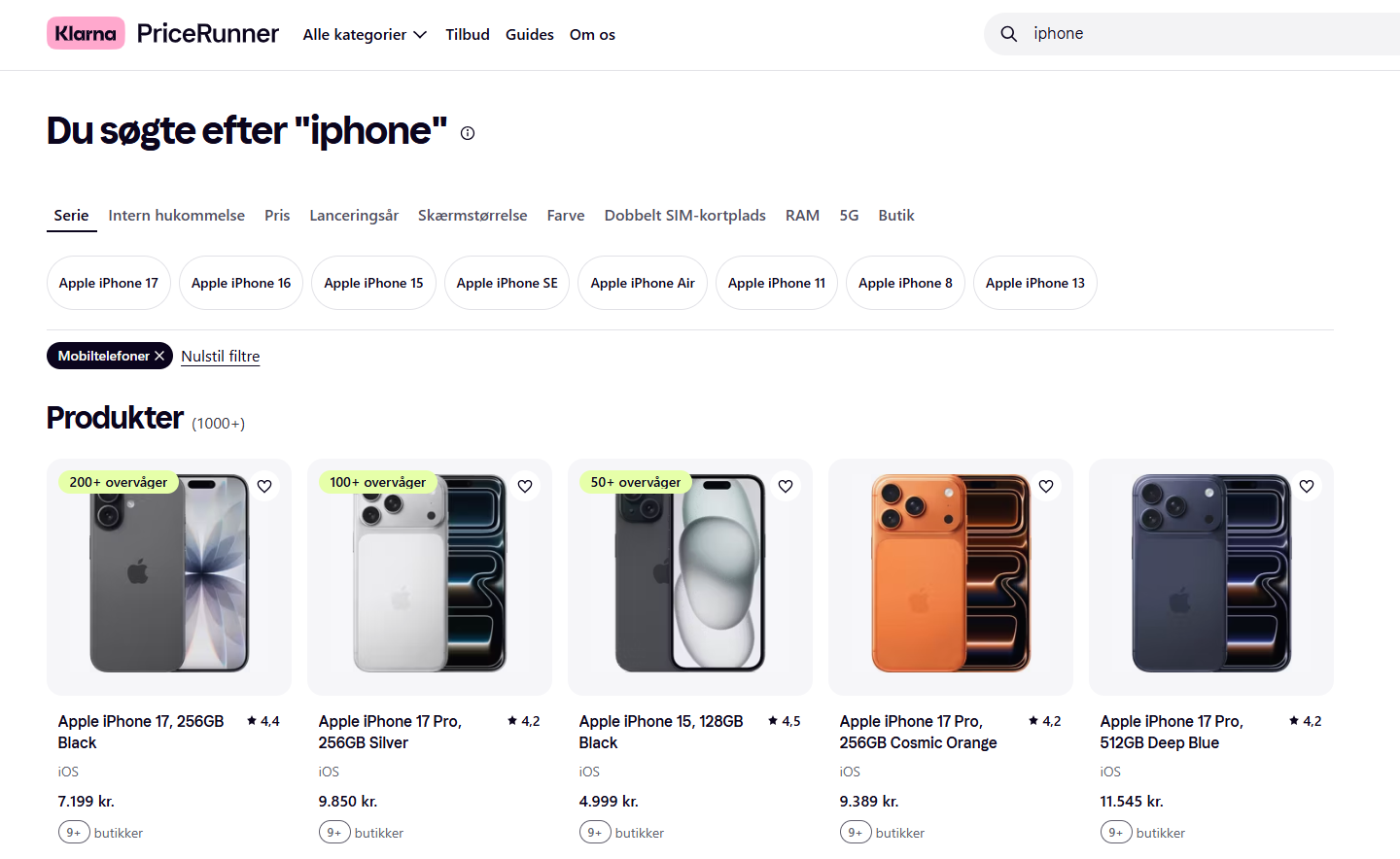 Example search results from PriceRunner.dk