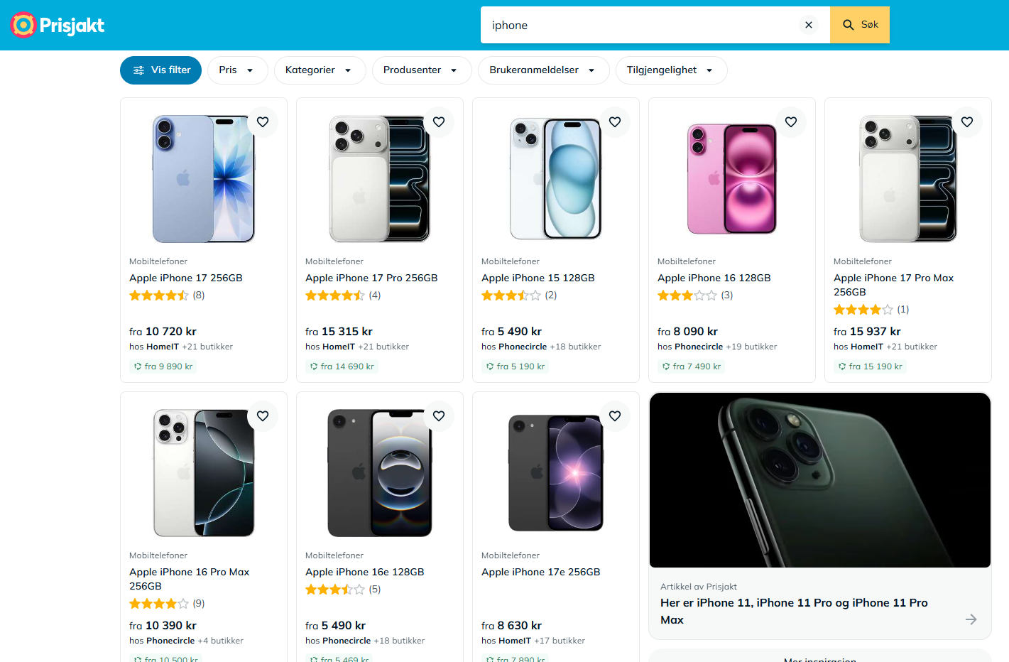 Example search results from Prisjakt