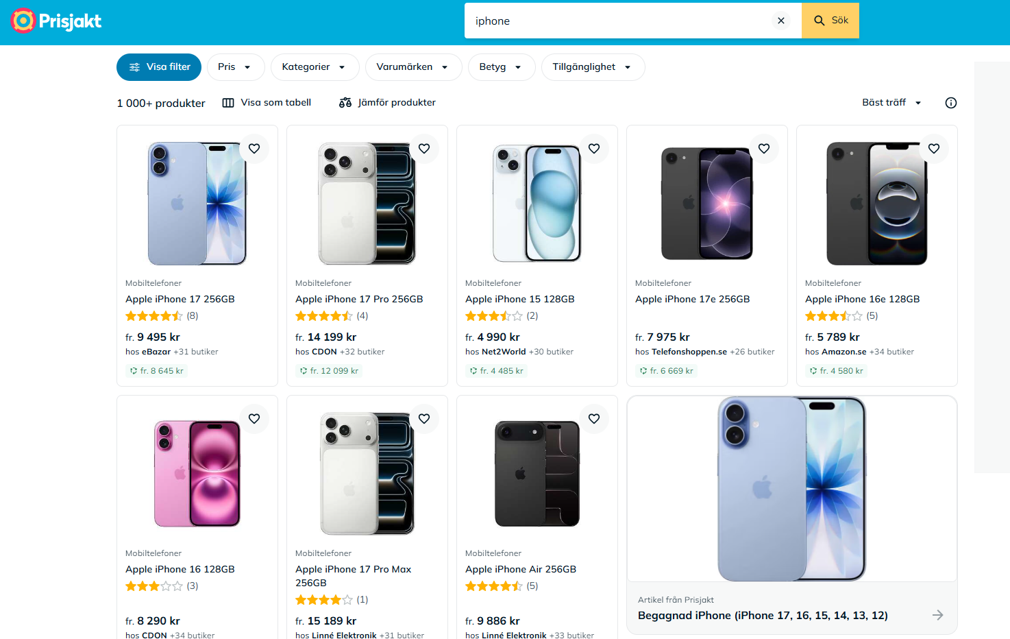 Example search results from Prisjakt