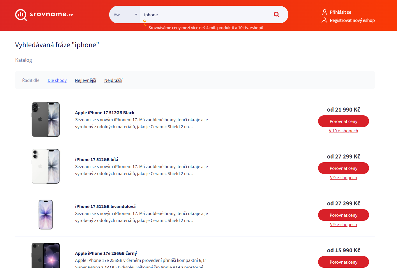 Example search results from Srovnáme.cz