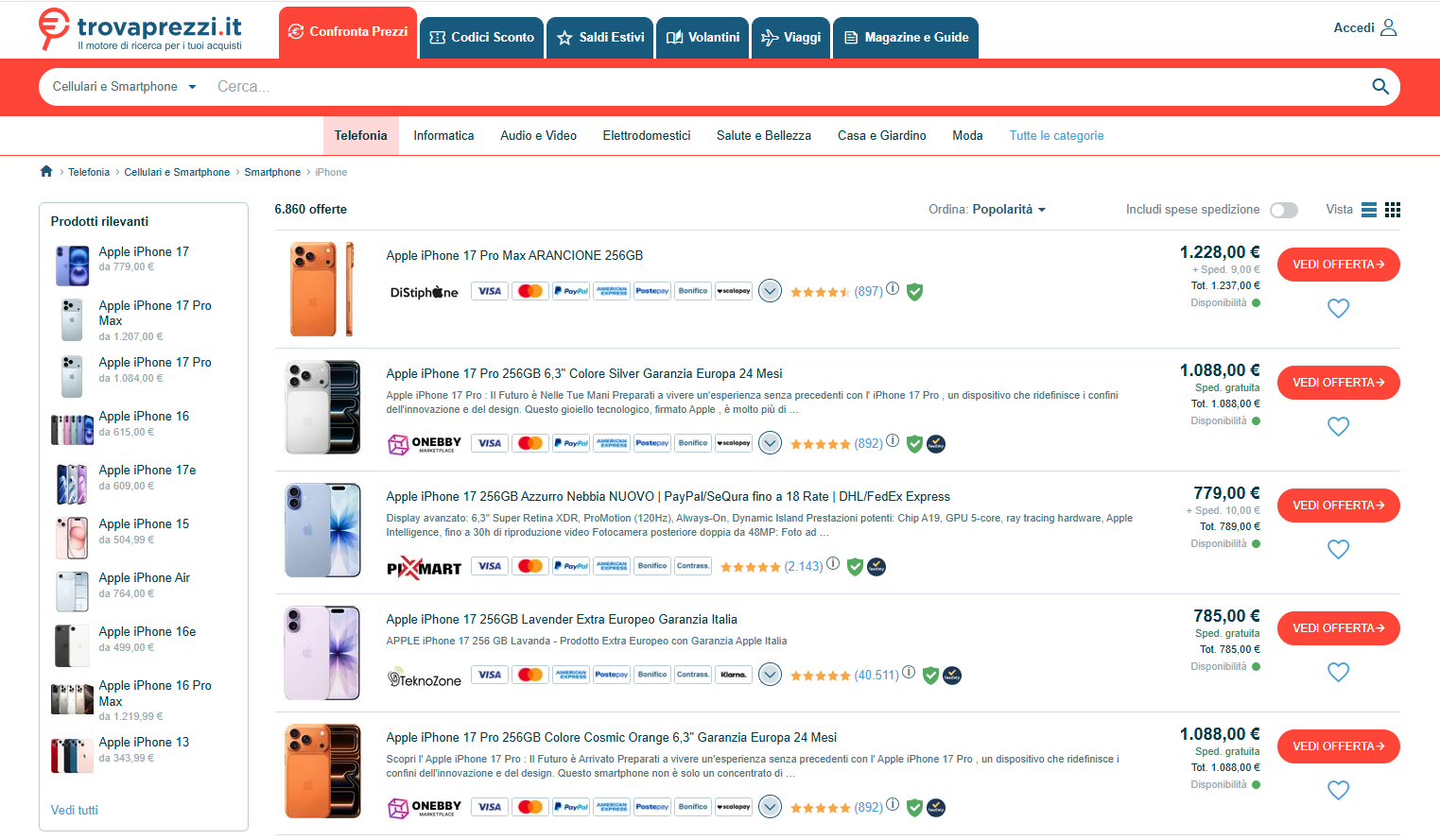 Example search results from Trovaprezzi.it