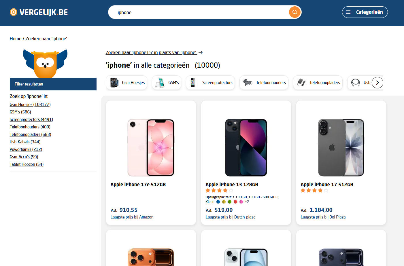 Example search results from Vergelijk.be