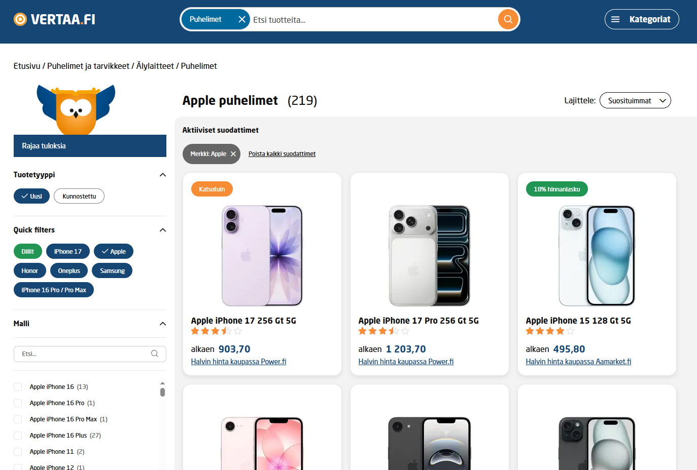 Example search results from Vertaa.fi